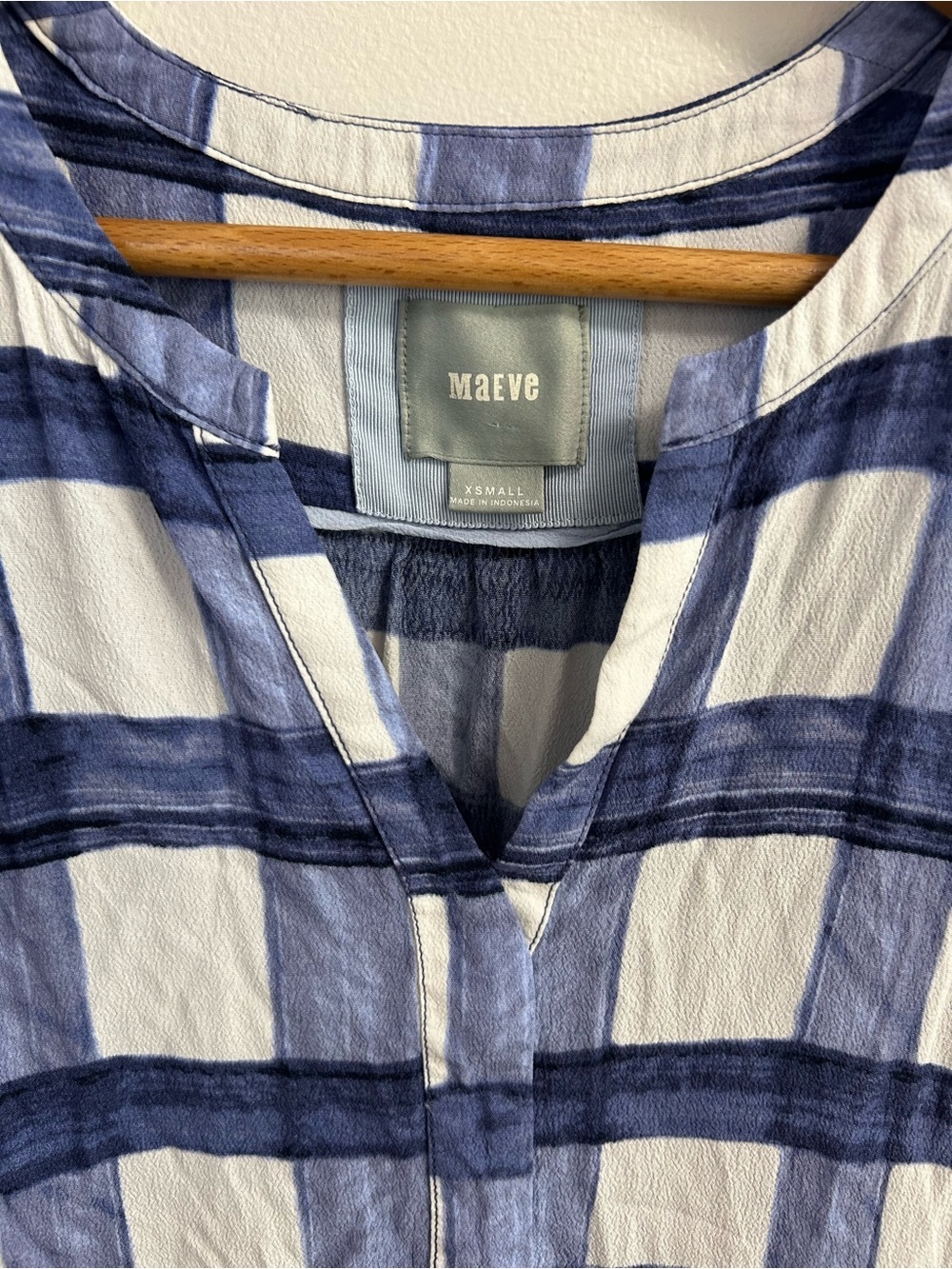 Anthropologie Maeve Devery Plaid Tie Back Mini Dress Blue White (size- XS) - Picture 3 of 9